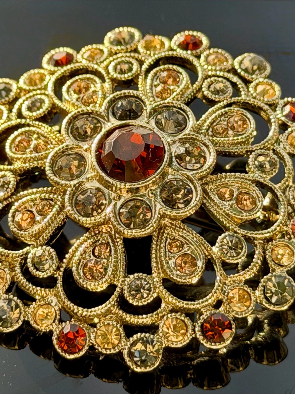 VTG Signed Monet Gold Rhinestone Mandala Brooch Pin